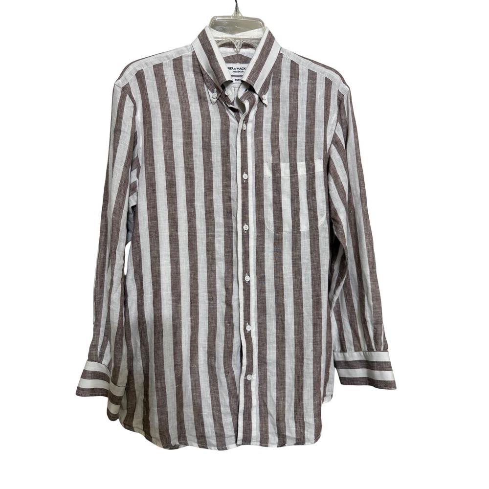 Spier & Mackay Mens Brown White Striped Linen Button Down Shirt Custom Handmade
